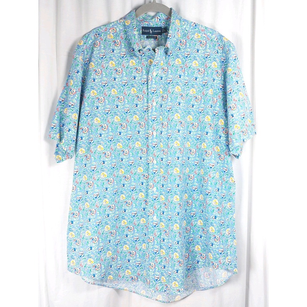 Ralph Lauren Classic Fit Mens XL Blue Floral Button Down Cotton Stretch Shirt